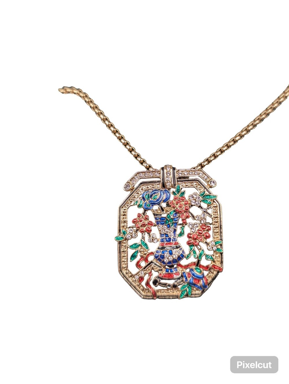 Clarion-Pell Princess Grace Necklace Gold-tone Pendant/Pin Colorful Enamel